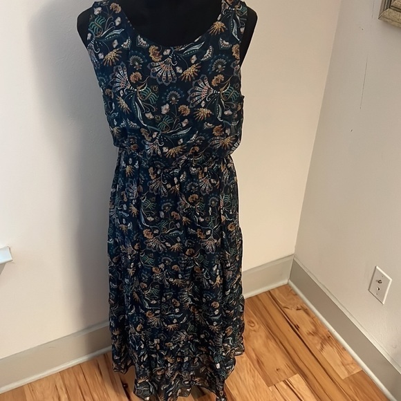Lara Guidotti dark blue floral print sleeveless tiered Boho Silk blend dress SzL - Picture 1 of 10